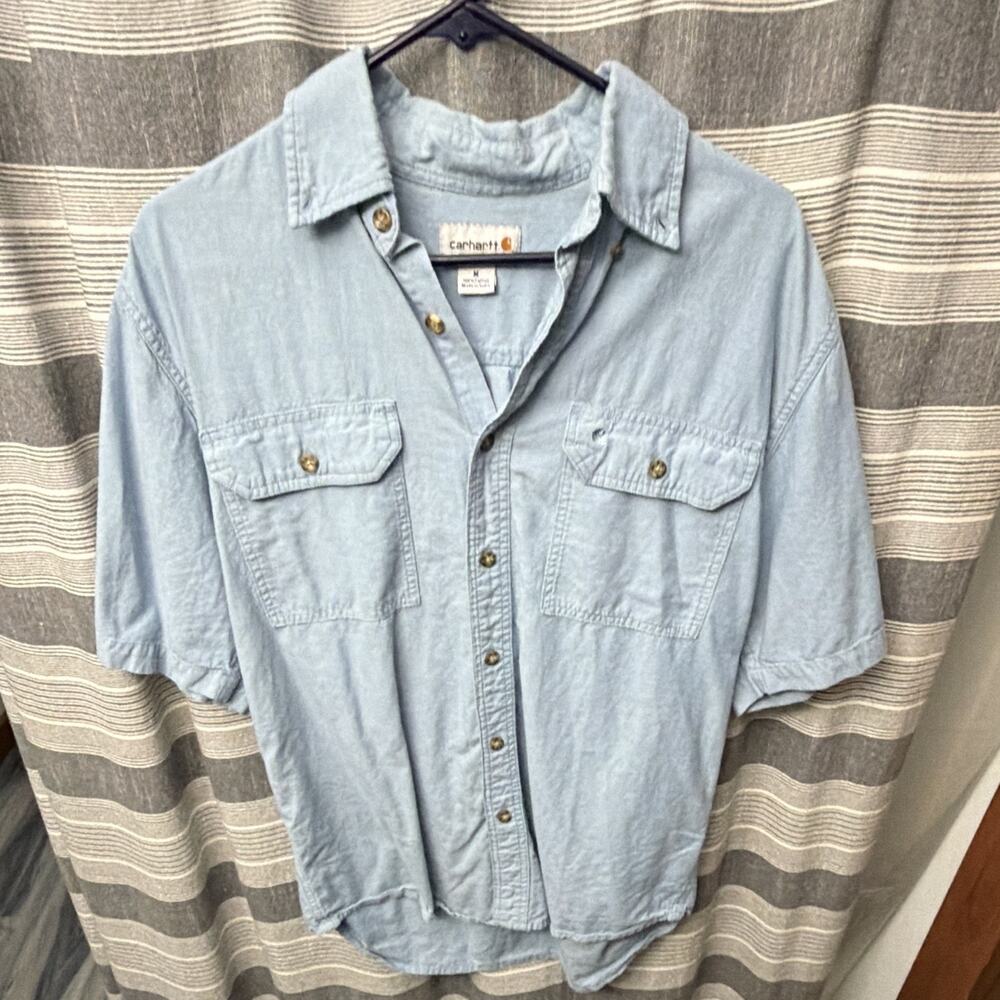 Carhartt Men M Cotton Chambray Solid Short Sleeve Button-Up Shirt Pockets Blue